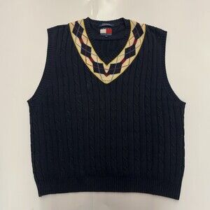 Tommy Hilfiger Vintage Mens Navy Cable Knit Argyle V-Neck Sweater Vest XL Great!